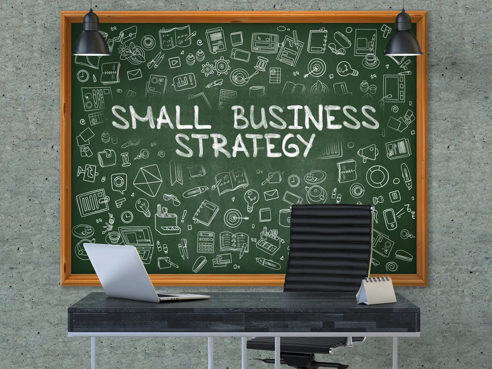 chalkboard displaying small business strategy